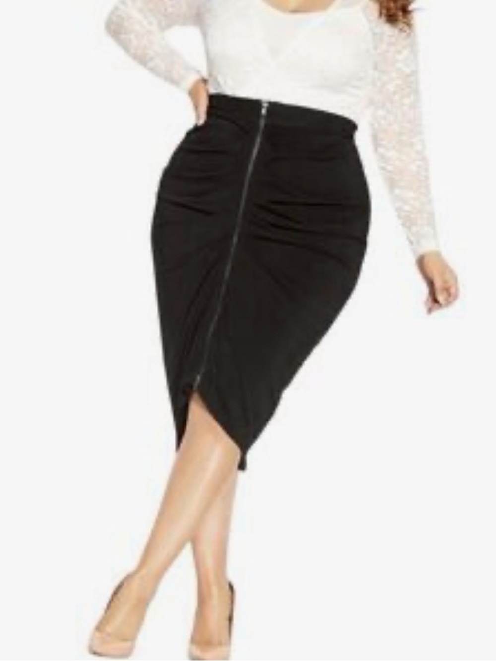 City Chic Black Ruched Pencil Skirt with Exposed Front Zipper